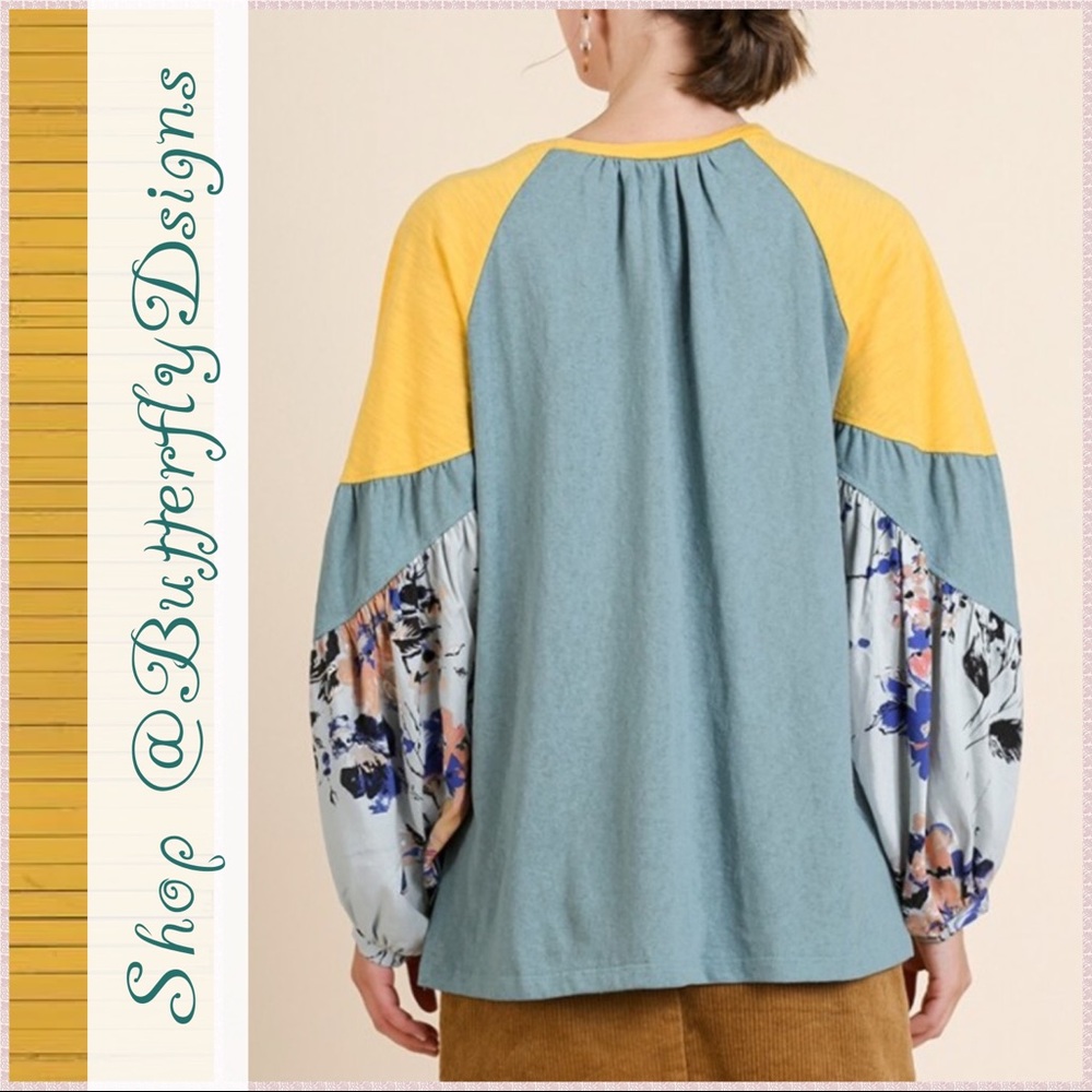 Umgee Floral Color Block Slub Knit Top - Picture 5 of 16